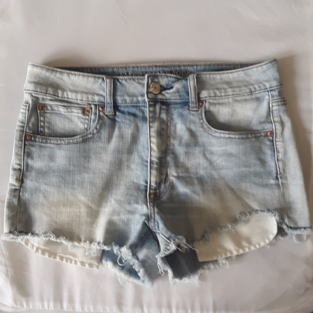 American Eagle Stretch Hi-Rise Shortie Light Blue Jean Cutoff Shorts Size 8